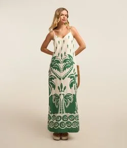 Vestido New Midi em Viscose e Linho com Estampa de Peixinho e Folhagens