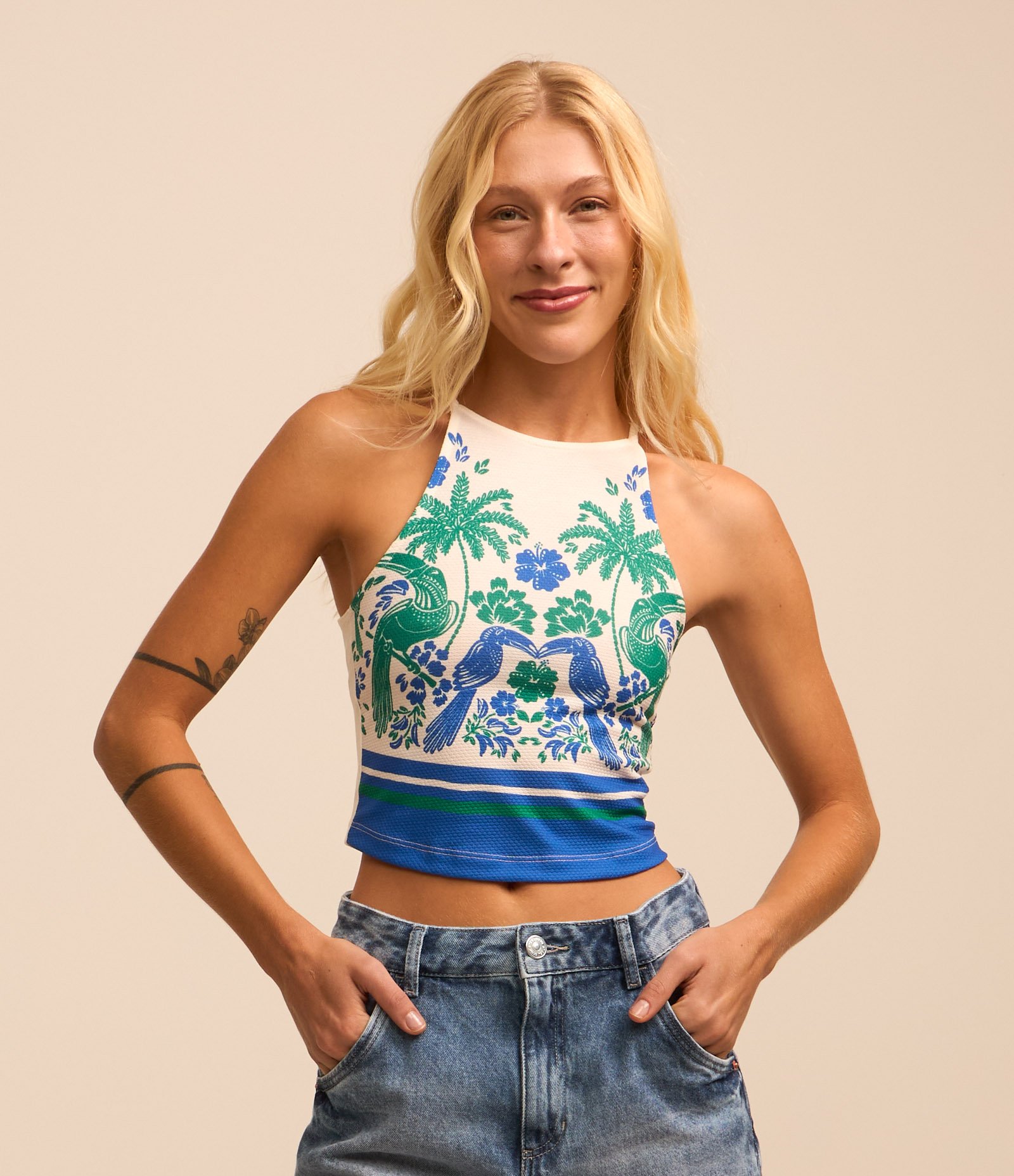 Blusa Texturizada com Estampa Tropical Branco 1