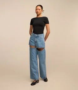 Calça Wide Leg em Jeans com Aberturas com Brilho