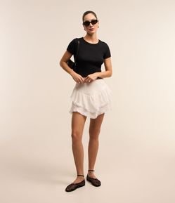 Saia em Algodão com Babado e Detalhe Rendado na Barra