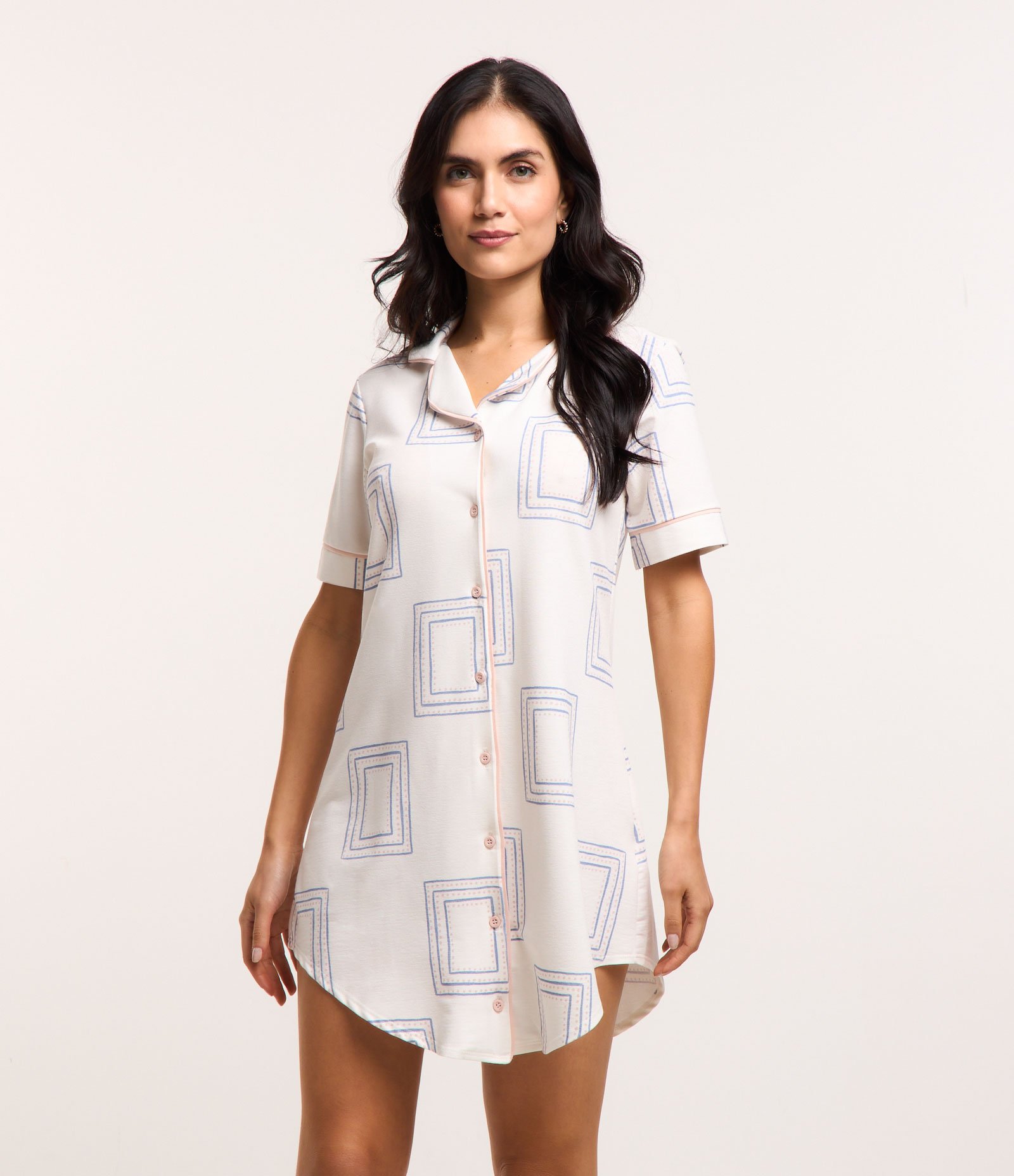 Camisola em Viscose com Viés Contrastante e Estampa Quadros Branco Neve 1