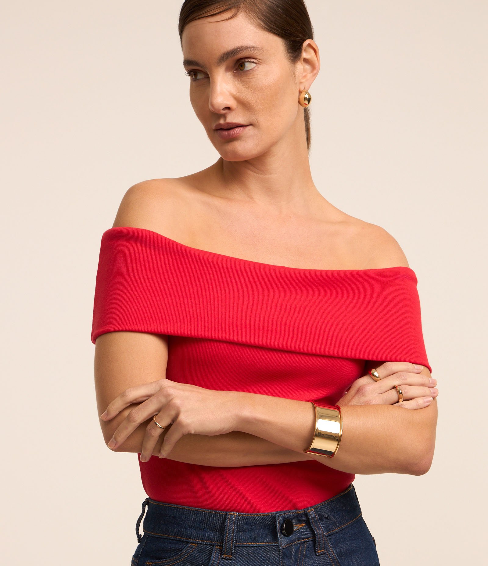Blusa Ombro a Ombro em Ribana com Dobra no Decote Vermelho 1