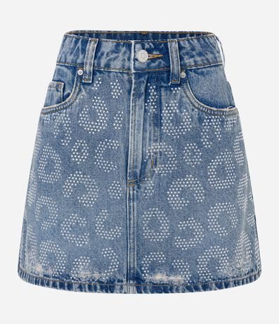 Saia Cintura Alta em Jeans Animal Print e Brilhos Aplicados Saia Cintura Alta em Jeans Animal Print e Brilhos Aplicados