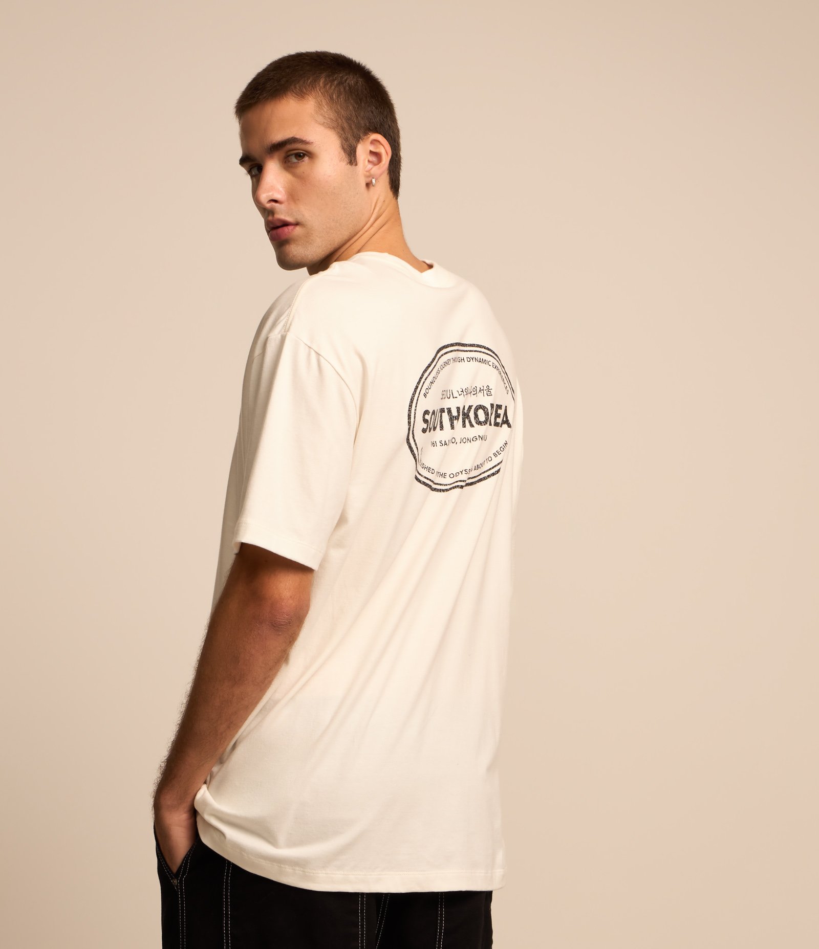 Camiseta Relaxed em Algodão com Estampa South Korea Branco 1