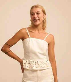 Top de Alça em Sarja e Barra com Bordado