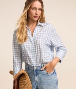 Camisa Oversized em Algodão com Mangas 7/8 e Estampa Xadrez Vichy