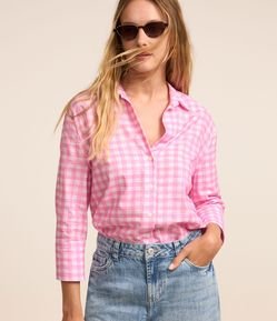 Camisa Oversized em Algodão com Mangas 7/8 e Estampa Xadrez Vichy