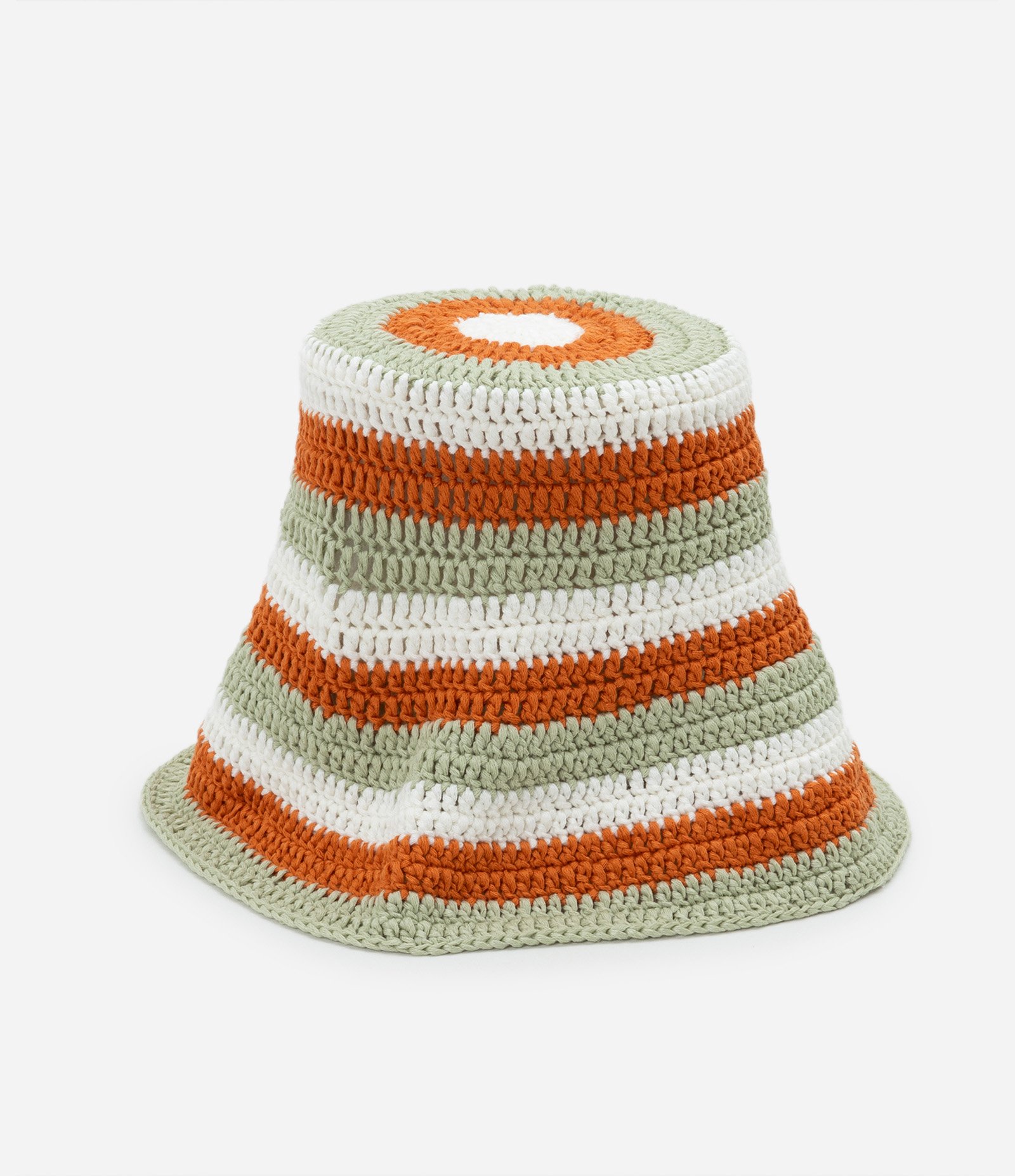 Chapéu Bucket Listrado em Tricô com Efeito Crochê Verde/Laranja/Branco 1