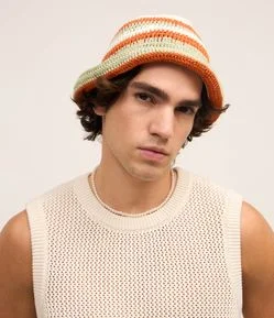 Chapéu Bucket Listrado em Tricô com Efeito Crochê