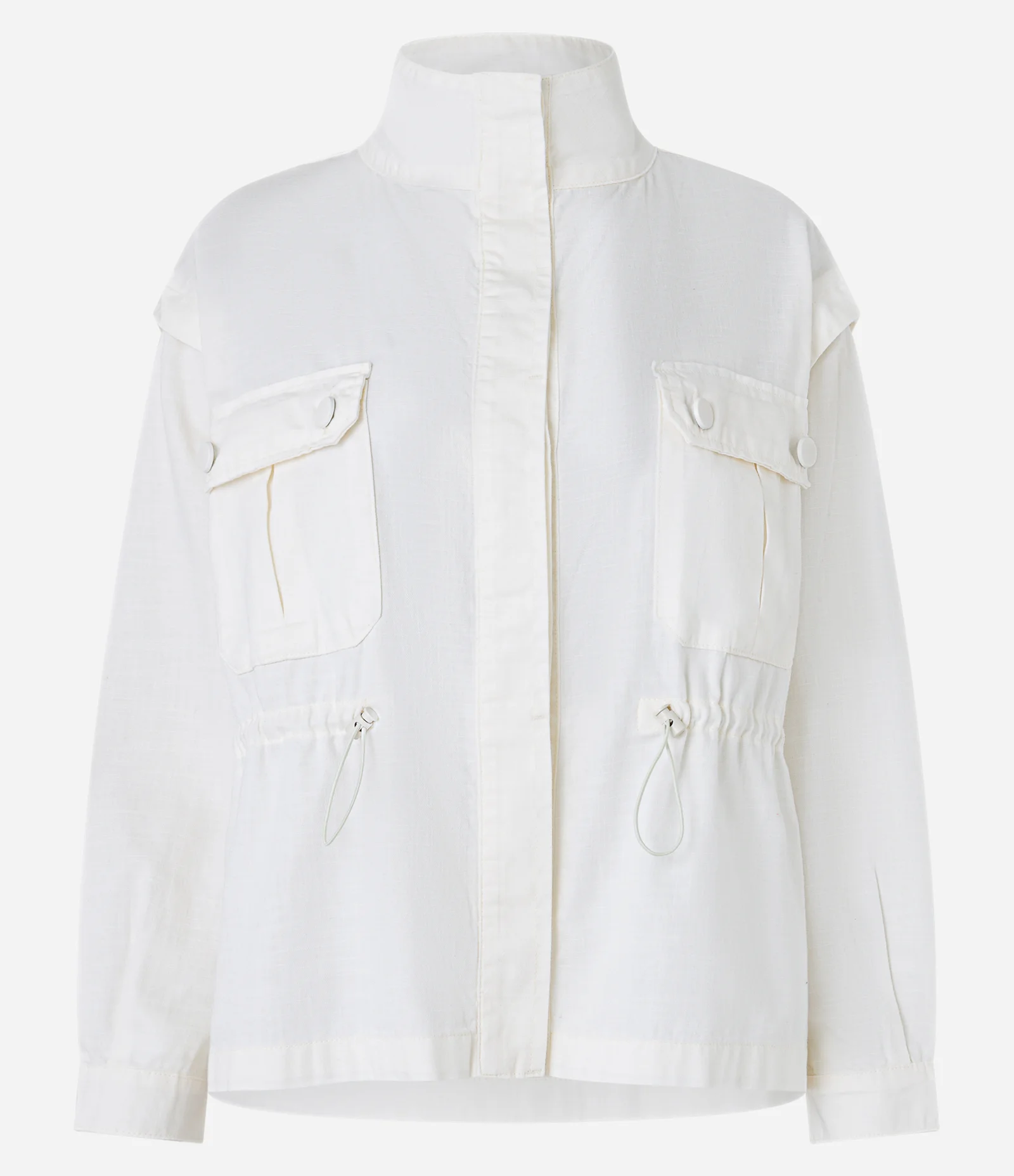 Jaqueta Trucker em Sarja com Bolsos Frontais e Ajuste na Cintura Branco 1