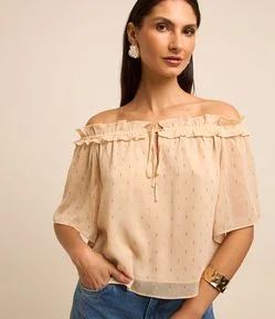 Blusa Ombro a Ombro em Chiffon com Babado e Amarração
