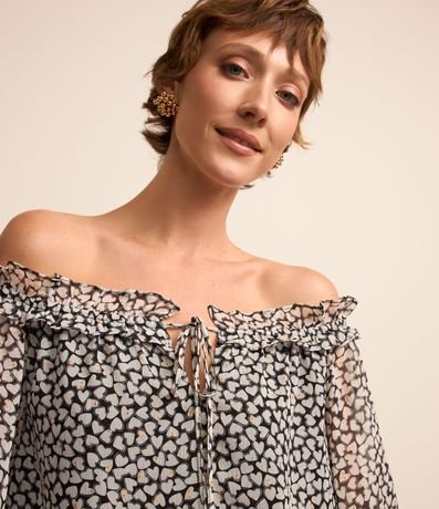 Blusa Texturizada em Chiffon com Babado e Estampa Corações Menor preço em Blusa Texturizada em Chiffon com Babado e Estampa Corações