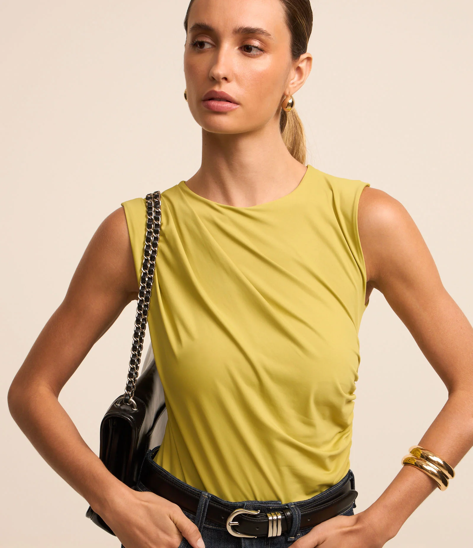 Body Sem Manga em Poliamida com Franzidos Amarelo 1