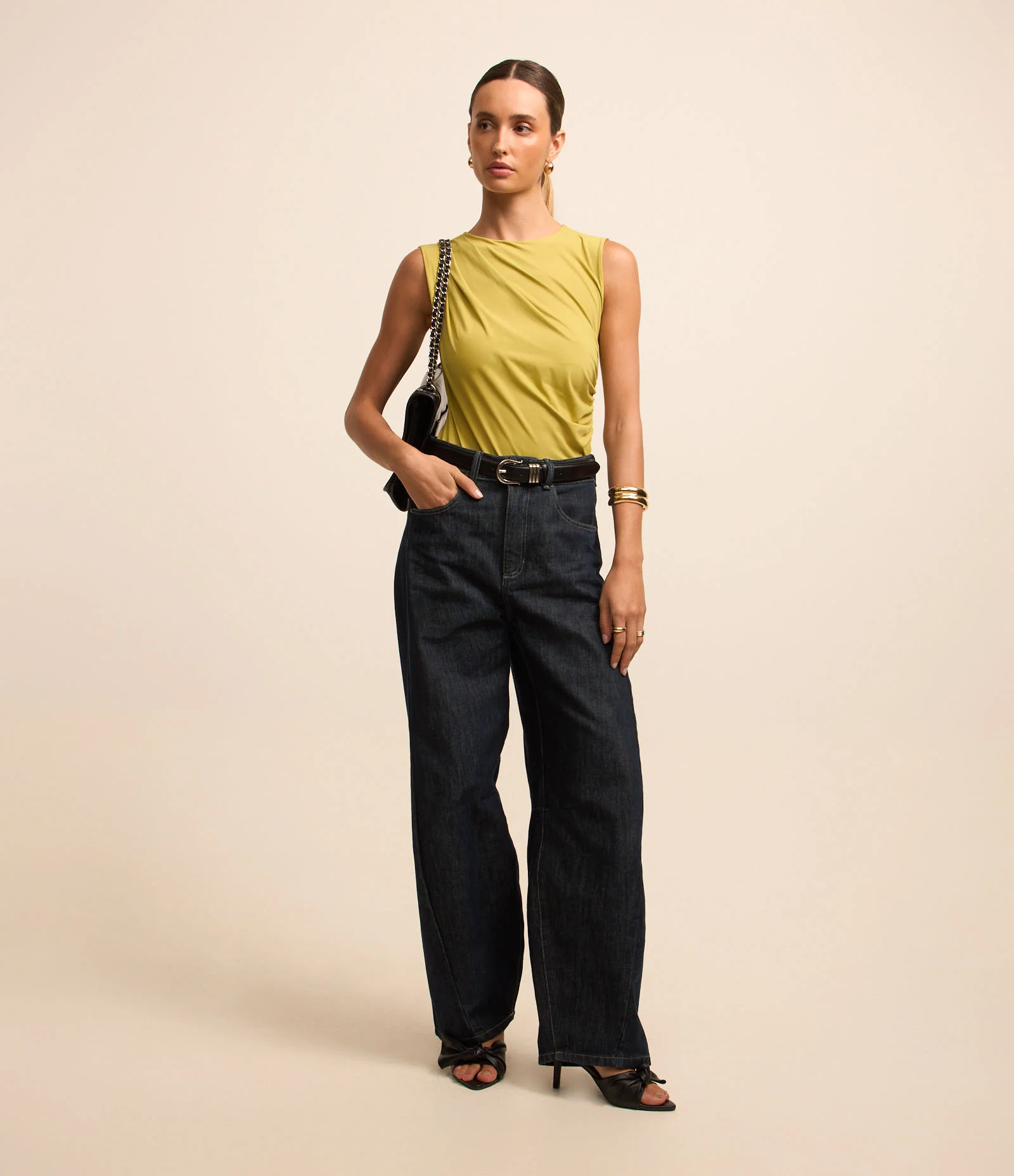 Body Sem Manga em Poliamida com Franzidos Amarelo 2