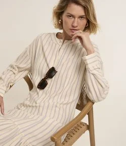 Vestido Chemise Midi Manga 3/4 em Viscolinho Listrado