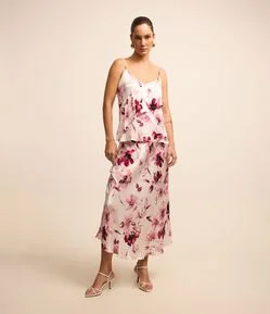 Saia Slip Evasê em Tecido Acetinado com Flores Estampadas
