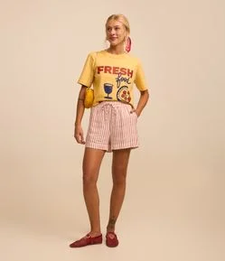 Short Curto em Viscose e Linho com Amarração e Listras