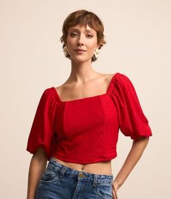 Blusa em Laise Manga Bufante com Babado na Barra