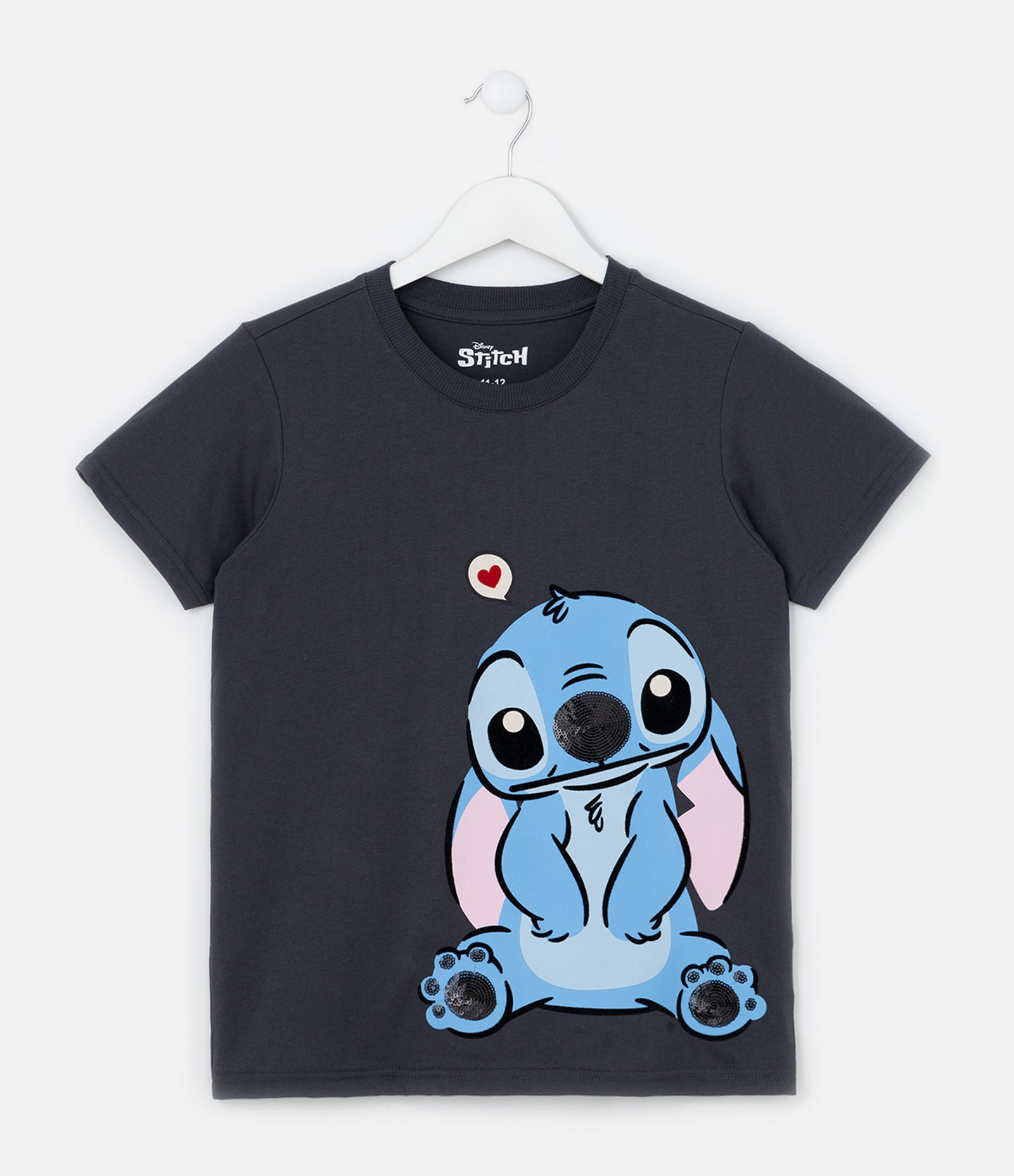 Camiseta Infantil com Bordado do Stitch - Tam 5 a 14 Anos Cinza Chumbo 1