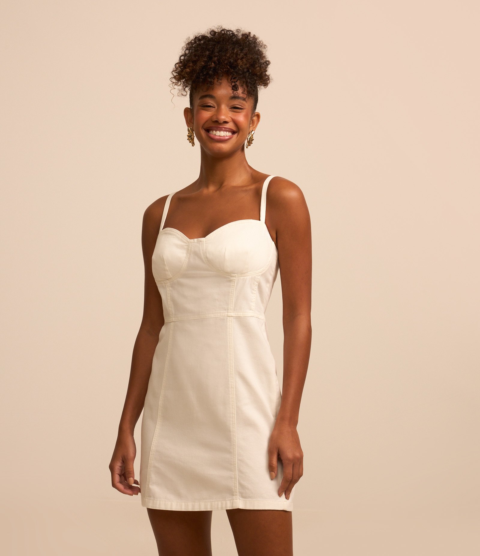 Vestido Curto de Alça em Sarja com Busto Recortado Branco 1