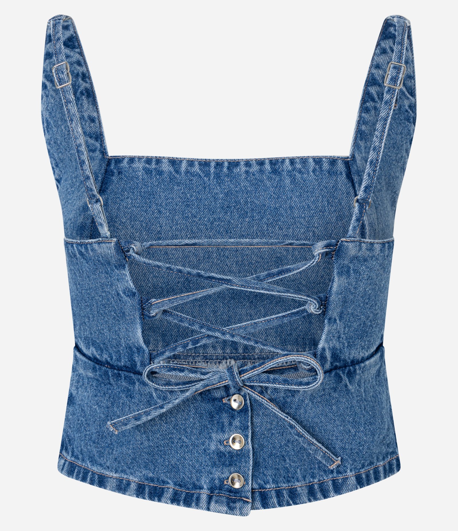 Blusa Cropped em Jeans com com Amarração nas Costas Azul 2