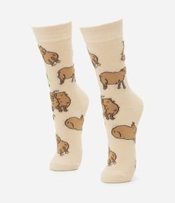 Meia Cano Alto em Algodão com Estampa de Capivaras