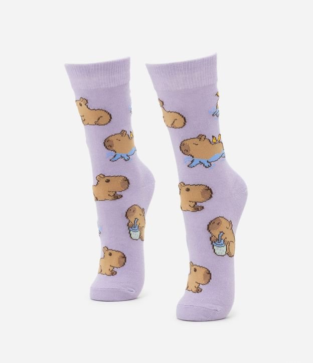 Meia Cano Alto em Algodão com Estampa de Capivarinhas