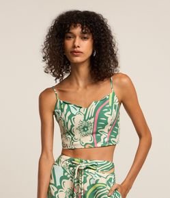 Blusa Cropped em Viscose com Estampa de Folhagem  e Lastex nas Costas