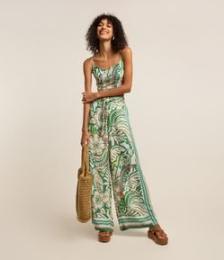 Calça Pantalona Cintura Alta em Viscose com Estampa Tropical e Amarração