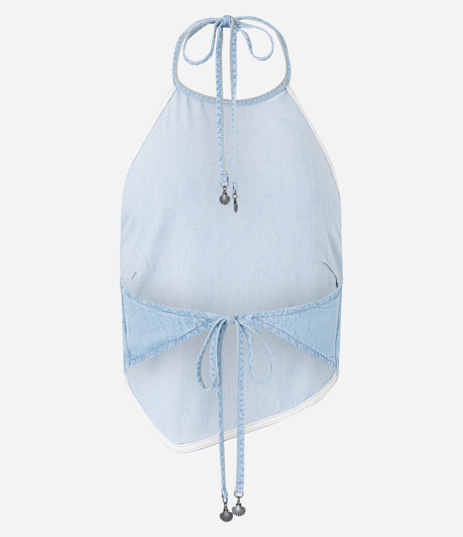 Top Frente Única em Jeans com Detalhe de Ponteira de Concha Jeans Claro 6