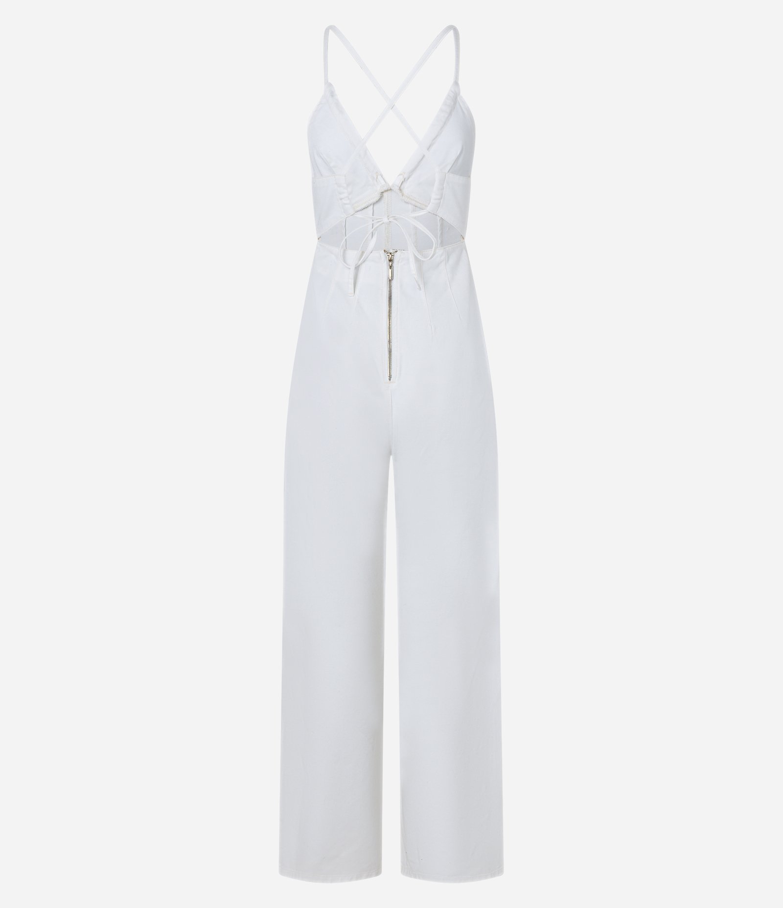 Macacão Longo em Sarja com Alças Finas e Amarração nas Costas Branco 8