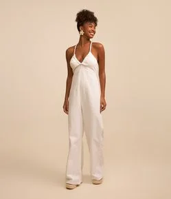 Macacão Longo em Sarja com Alças Finas e Amarração nas Costas