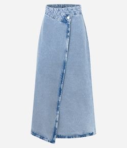 Saia Long Midi Jeans Envelope com Barra Assimétrica