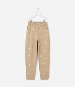 Calça em Sarja com Bordados de Corações - Tam 5 a 14 Anos