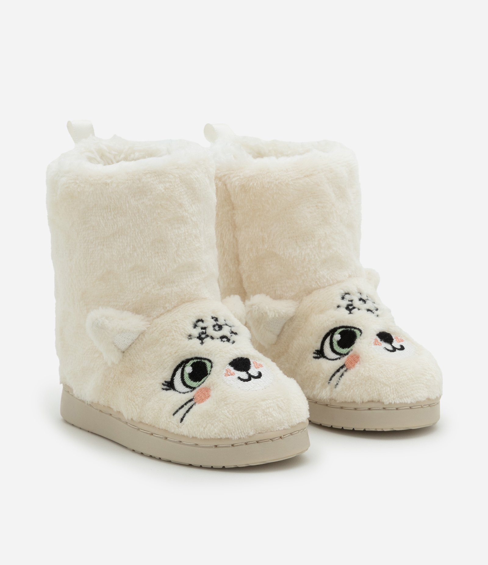 Pantufa Botinha Infantil em Fleece com Bordado de Oncinha - Tam 19 ao 28 Off White 1