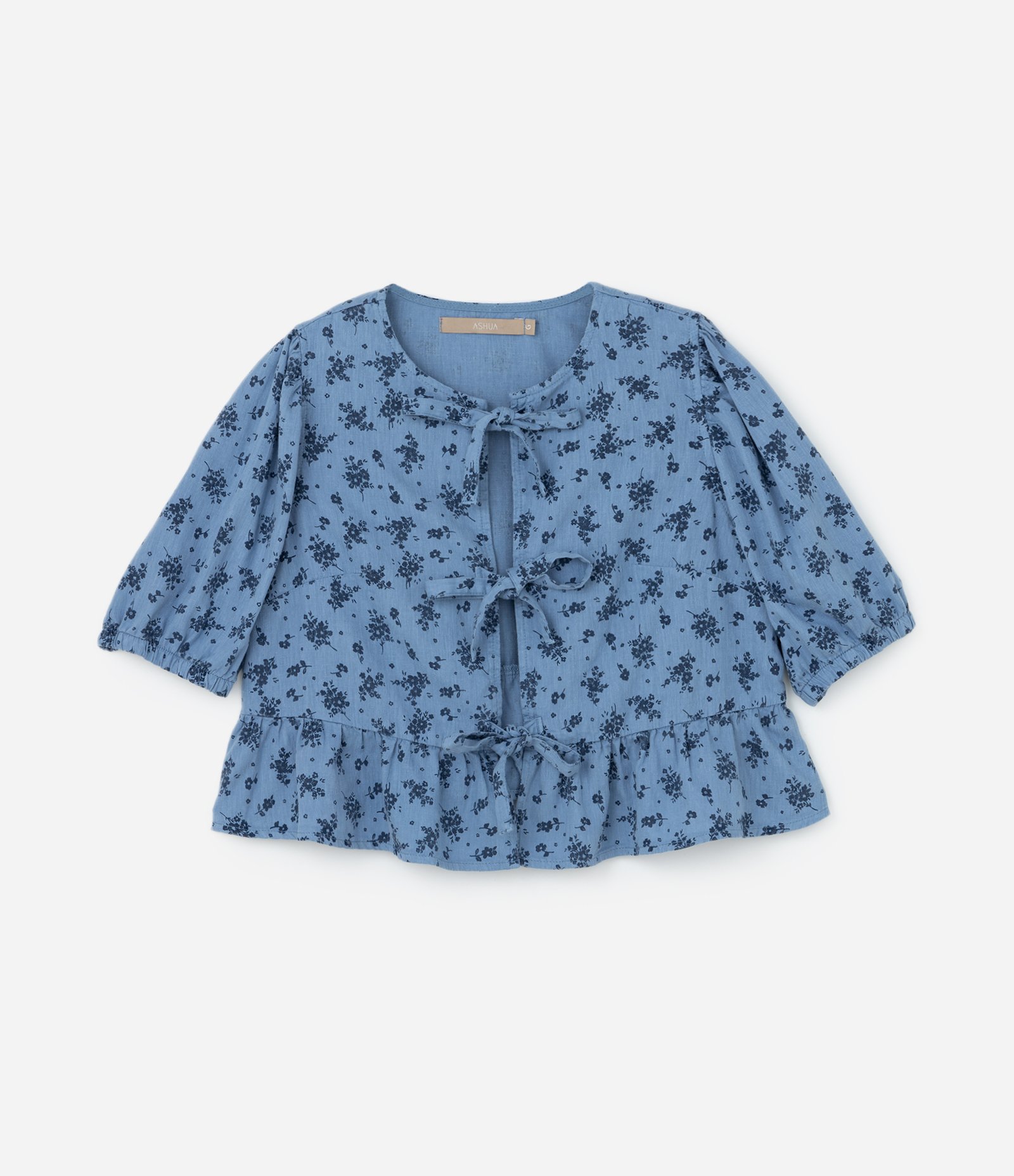 Blusa Cropped em Sarja Floral com Laços Curve & Plus Size Azul 5