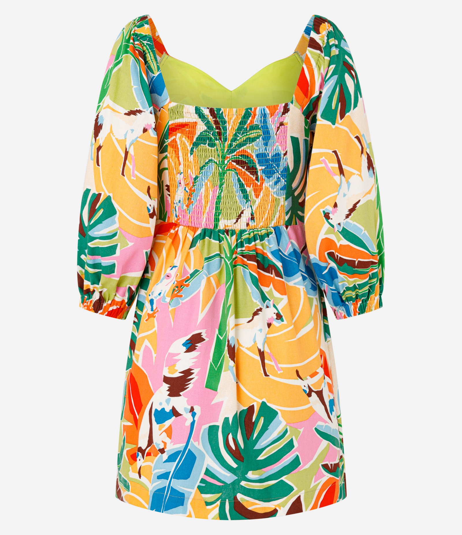 Vestido Curto em Viscose e Linho com Estampa de Folhagens Amarelo 6