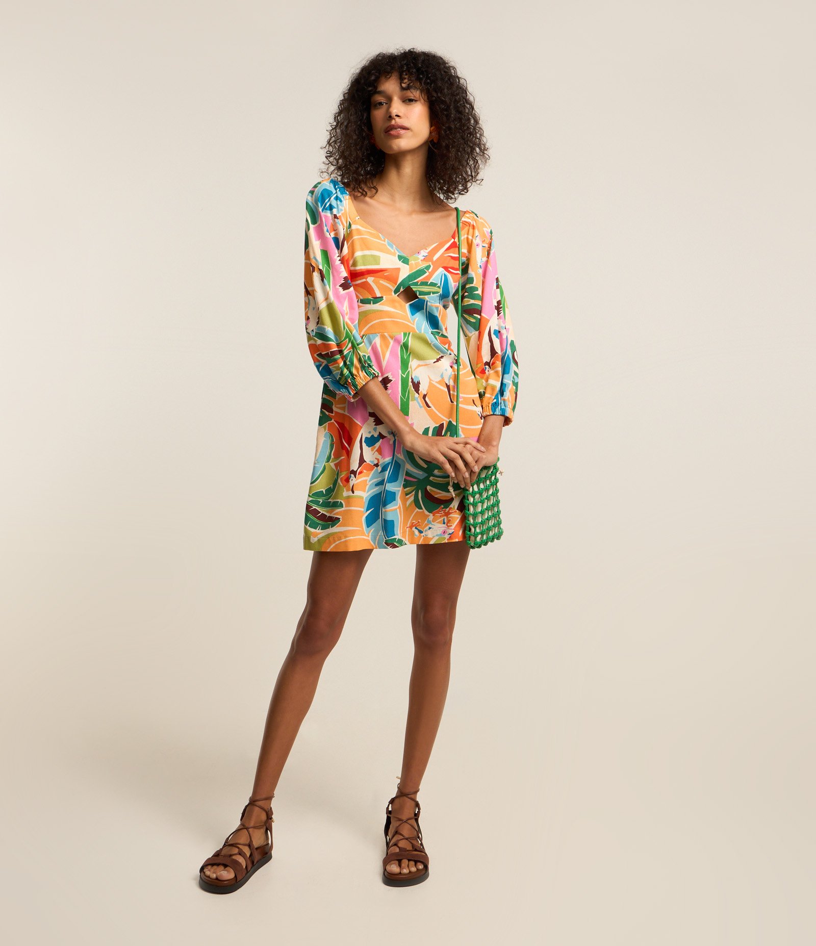 Vestido Curto em Viscose e Linho com Estampa de Folhagens Amarelo 2