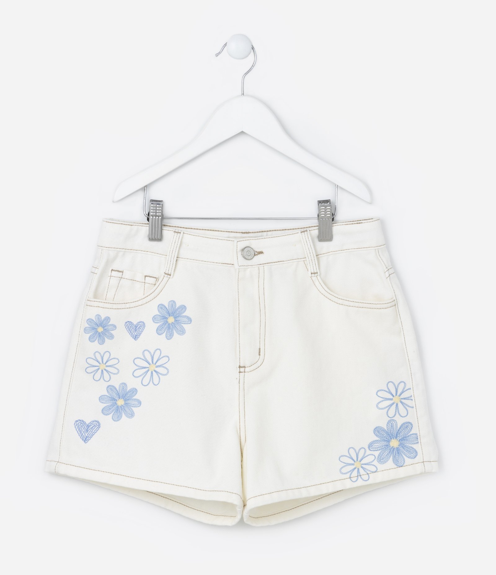 Short Infantil em Sarja com Bordado de Flores - Tam 5 a 14 Anos Off White 1