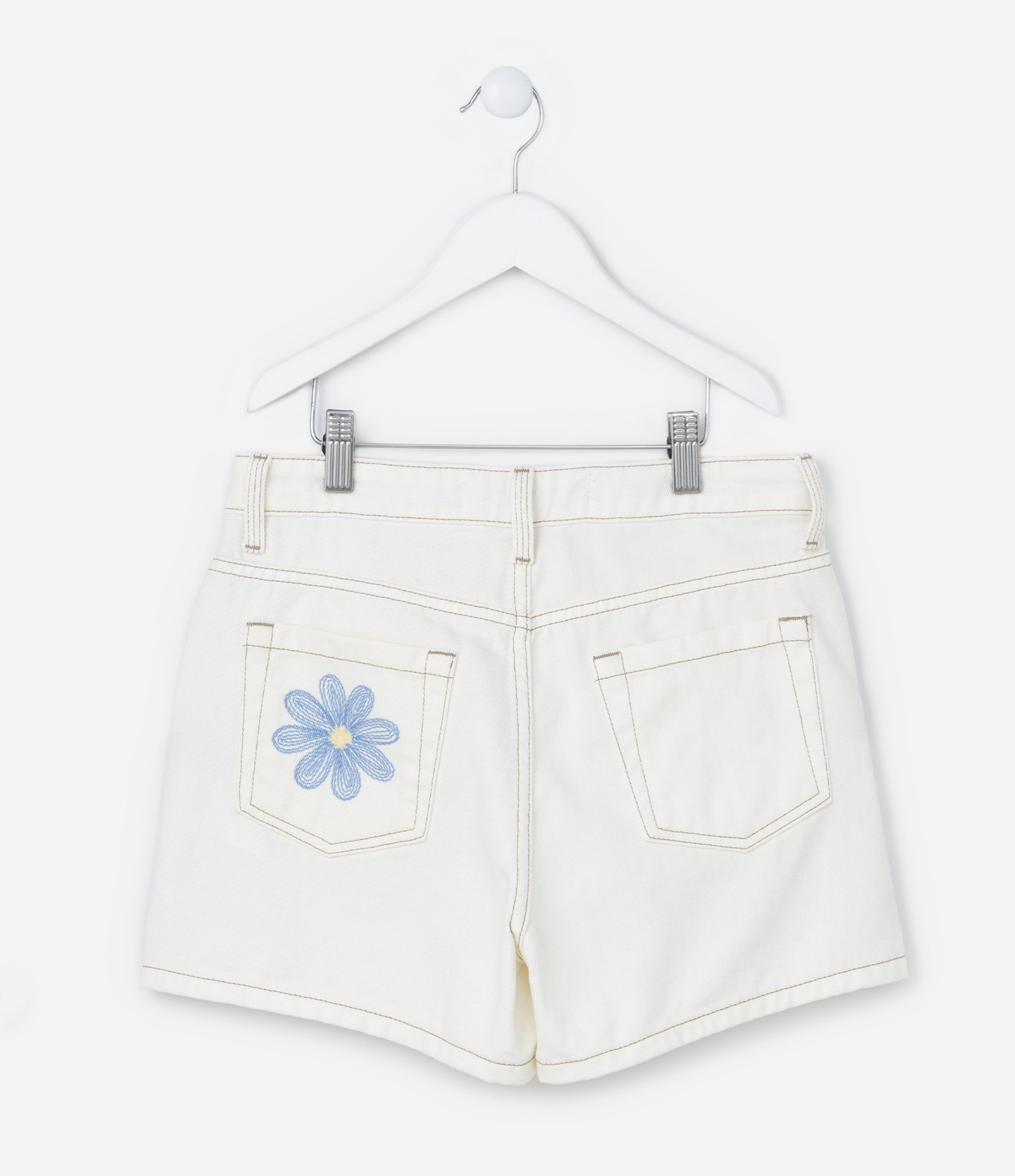 Short Infantil em Sarja com Bordado de Flores - Tam 5 a 14 Anos Off White 2