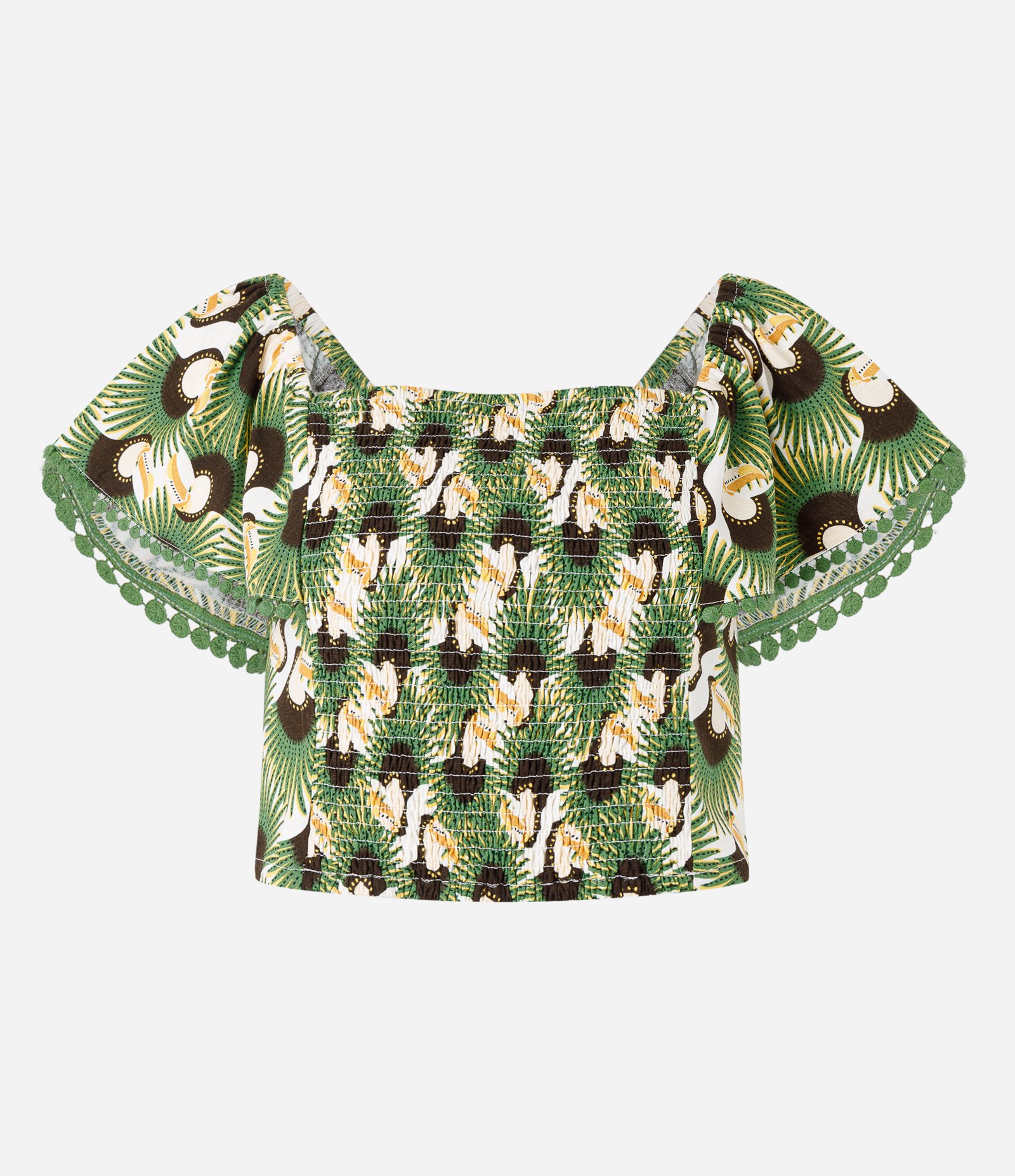 Blusa Cropped em Viscose e Linho com Lastex e Estampa Tucanos Verde 5