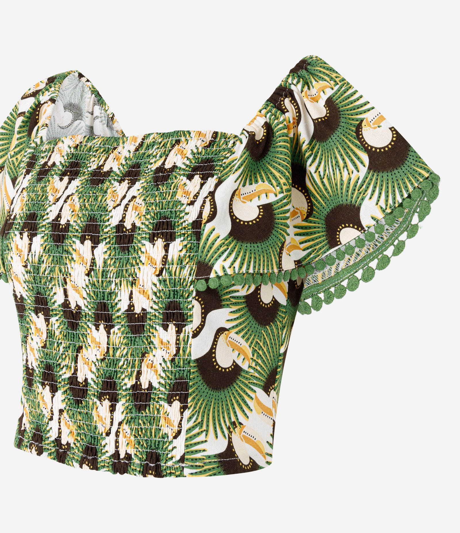 Blusa Cropped em Viscose e Linho com Lastex e Estampa Tucanos Verde 6