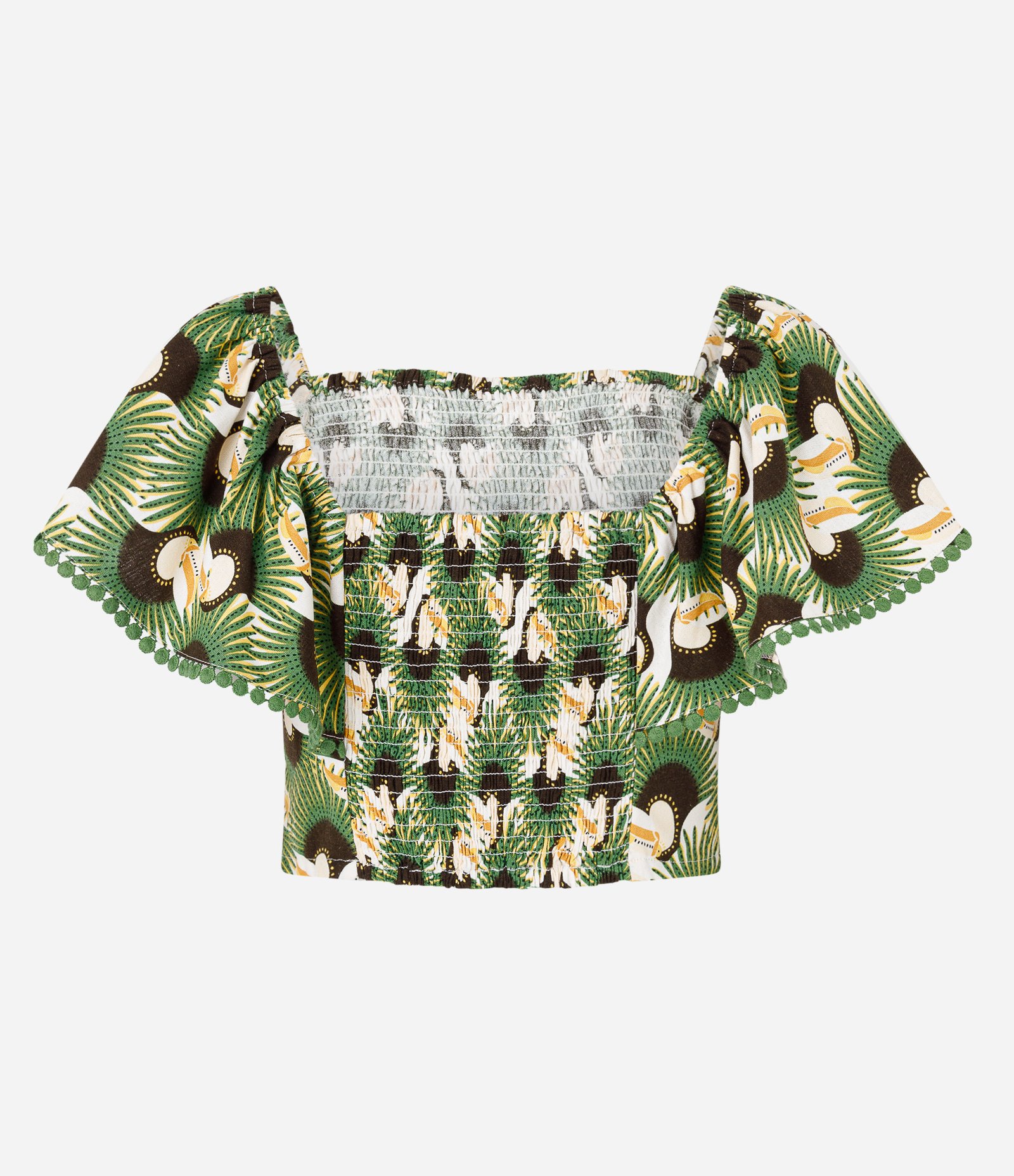 Blusa Cropped em Viscose e Linho com Lastex e Estampa Tucanos Verde 7