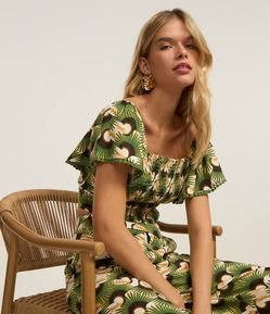 Blusa Cropped em Viscose e Linho com Lastex e Estampa Tucanos