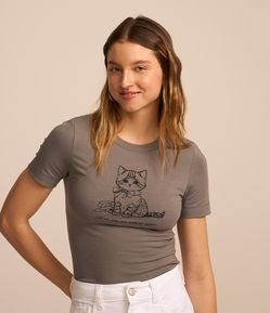 Blusa T-shirt em Algodão com Estampa Gatinho