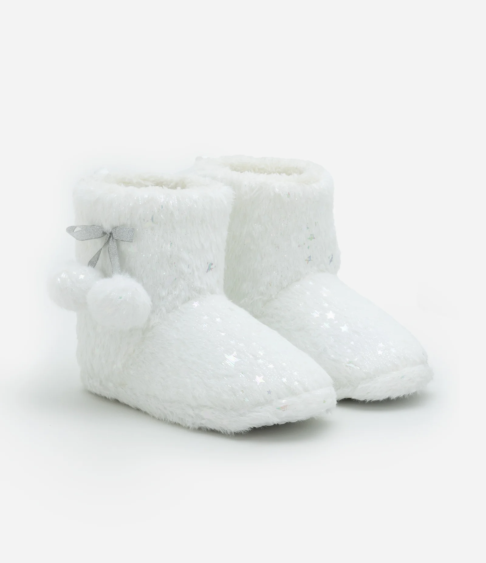 Pantufa Bota Infantil com Pompons e Estrelinhas - Tam 29 a 36 Branco 1