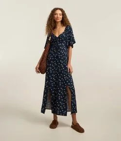 Vestido New Midi em Viscose com Florzinhas