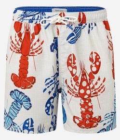 Bermuda em Microfibra com Cós Elástico e Estampa de Lagostas