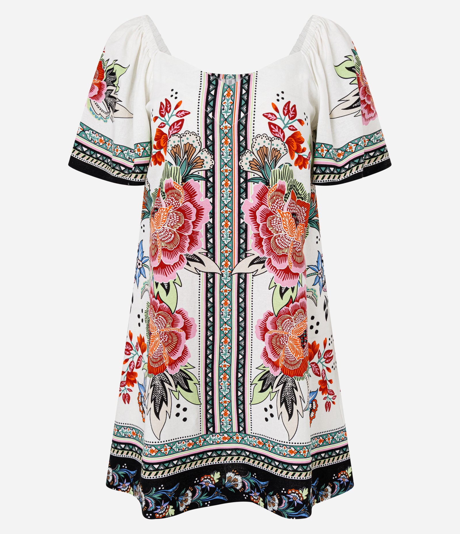 Vestido Curto em Viscose e Linho com Estampa Etnica Floral Branco 6