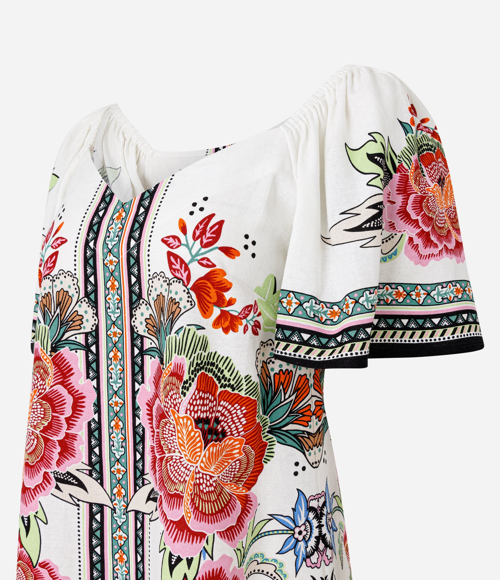 Vestido Curto em Viscose e Linho com Estampa Etnica Floral Branco 7